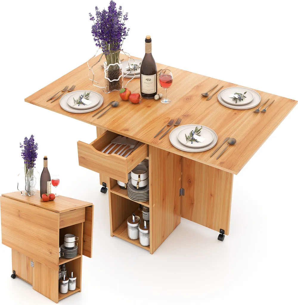 COSTWAY Tavolo da pranzo pieghevole con 2 ruote, tavolo pieghevole per piccoli spazi, tavolo da ufficio allungabile con ripiano a 2 livelli e cassetto