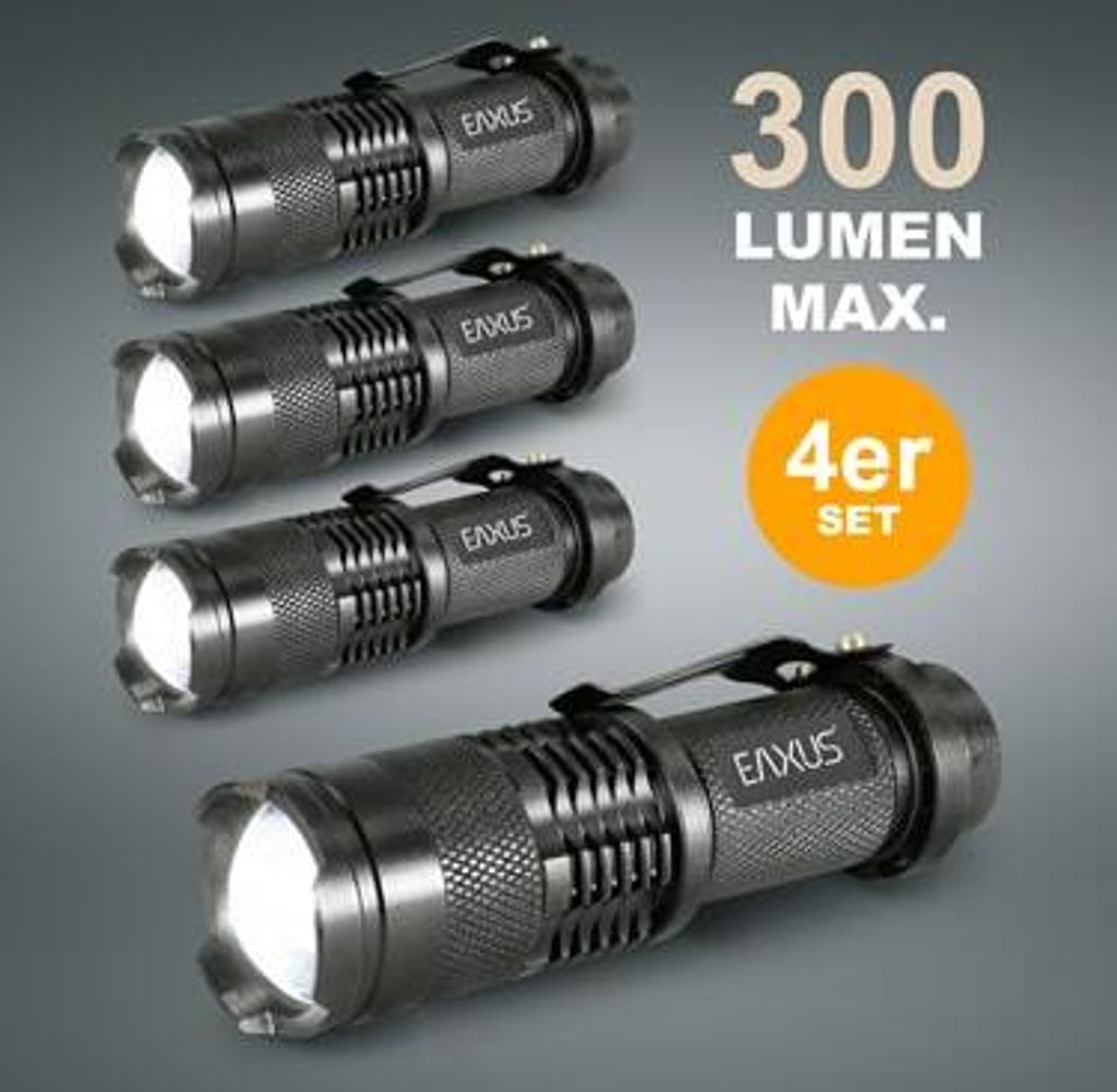 Mini Taschenlampen Glow-X 1x 4er-Set mit 1 T6 LED, 300 lm, 200 m Reichweite, 3 Lichtmodi und Zoom Eaxus