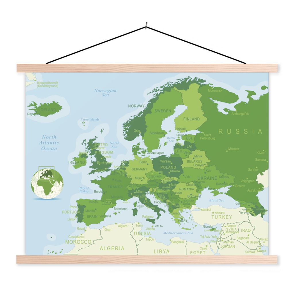 MuchoWow Textilposter Karte - Europa - Grün 150x113 cm mit holzfarbenen Rahmen - Poster