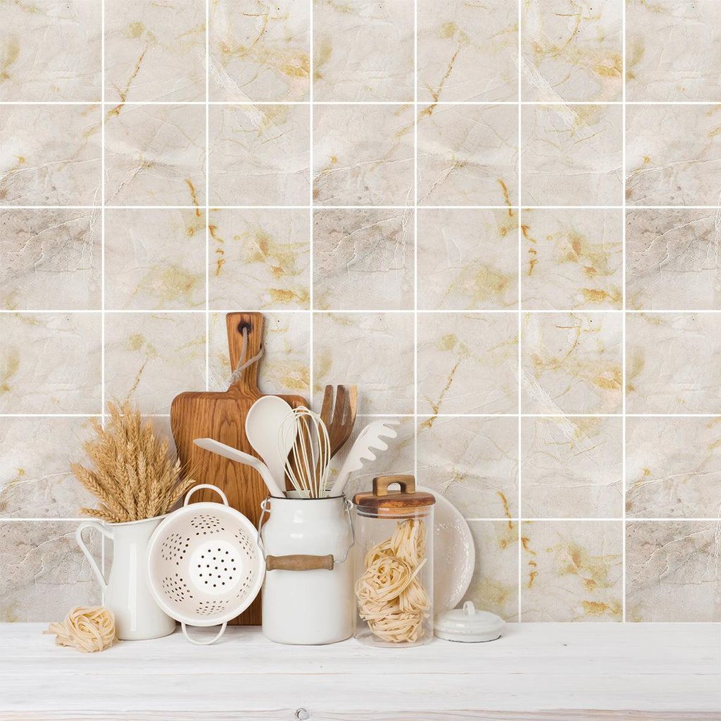 Selbstklebende Fliesenaufkleber für Küche und Bad – 9 beigefarbene Marmor-Zementfliesenaufkleber von Cali – 9 Aufkleber 20 x 20 cm