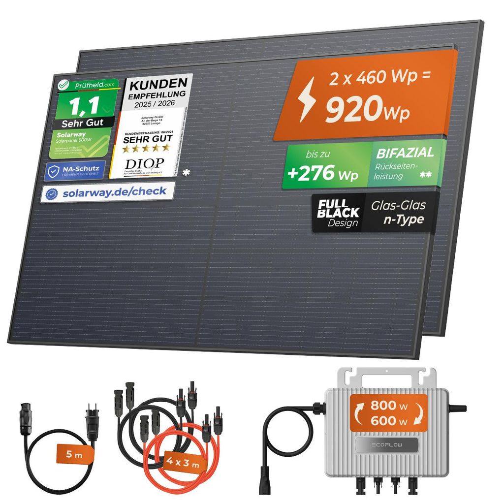 Solarway® 920Wp / 800W Balkonkraftwerk komplett Steckdose - Produktbild 