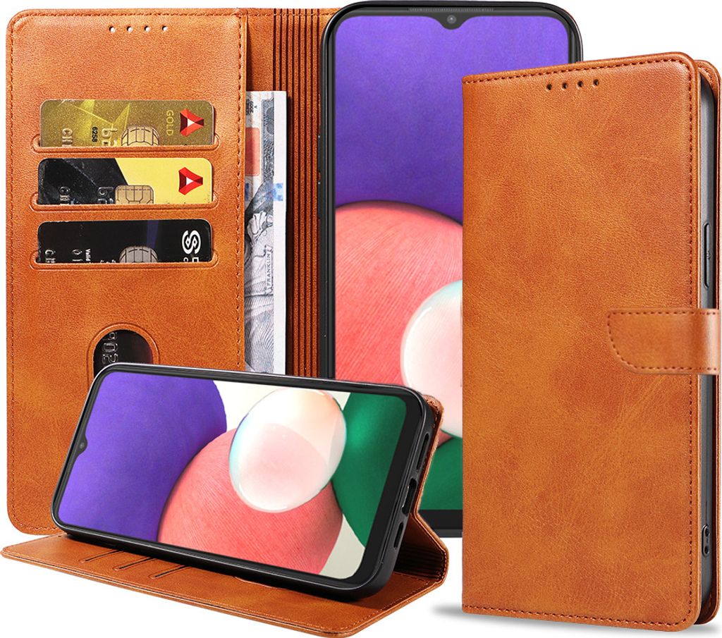 Geschikt voor Samsung Galaxy A22 5G Telefoonhoesje Kunstleer met Magnetisch lipje en Pasjeshouder Book Case met Klepje - Bruin - Smartphonica