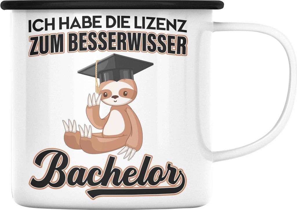 Trendation - Bachelor Geschenk Abschluss Emaille Tasse Spruch Master Abitur Abi Graduation Bestanden Prüfung Lizenz zum Besserwisser (Schwarz)