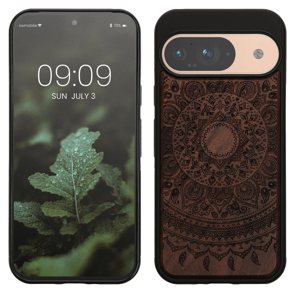kwmobile Hülle kompatibel mit Google Pixel 9 / Pixel 9 Pro Hülle - Holz Case - Handy Cover - TPU Handyhülle in Dunkelbraun Indische Sonne