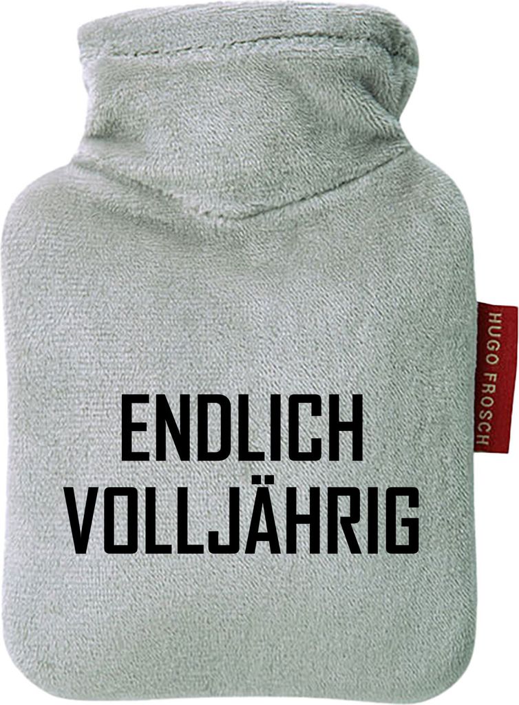 Huuraa Mini-Wärmflasche Endlich Volljährig Schriftzug 0,2 Liter Grey Mini Veloursbezug Taschenwärmer Geschenkidee