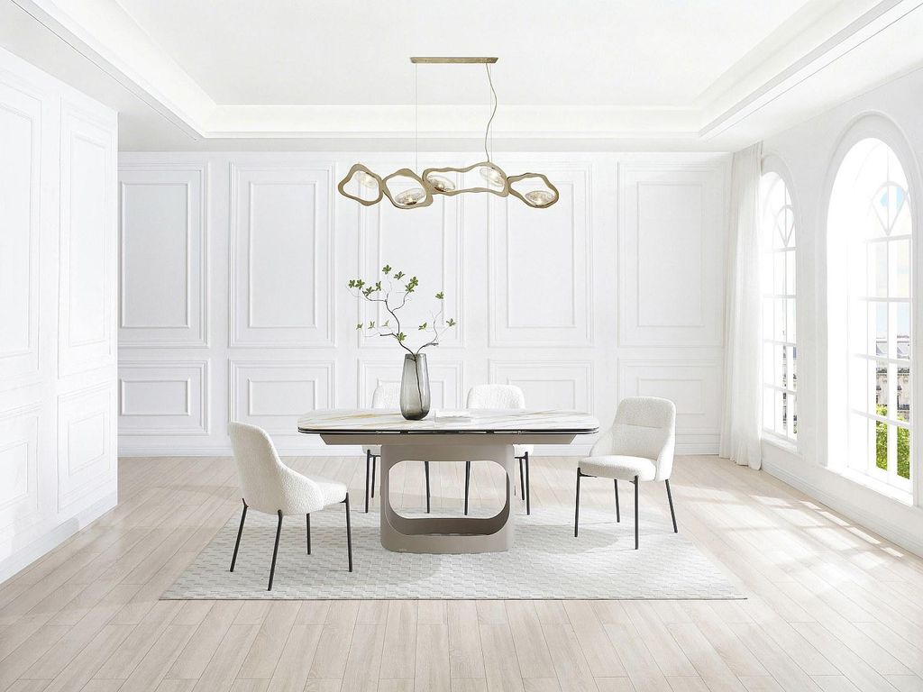 Esstisch ausziehbar 6-10 Personen - Keramik, Sicherheitsglas & Metall Taupe - Marmoroptik Weiß - DAVULO de Maison Céphy