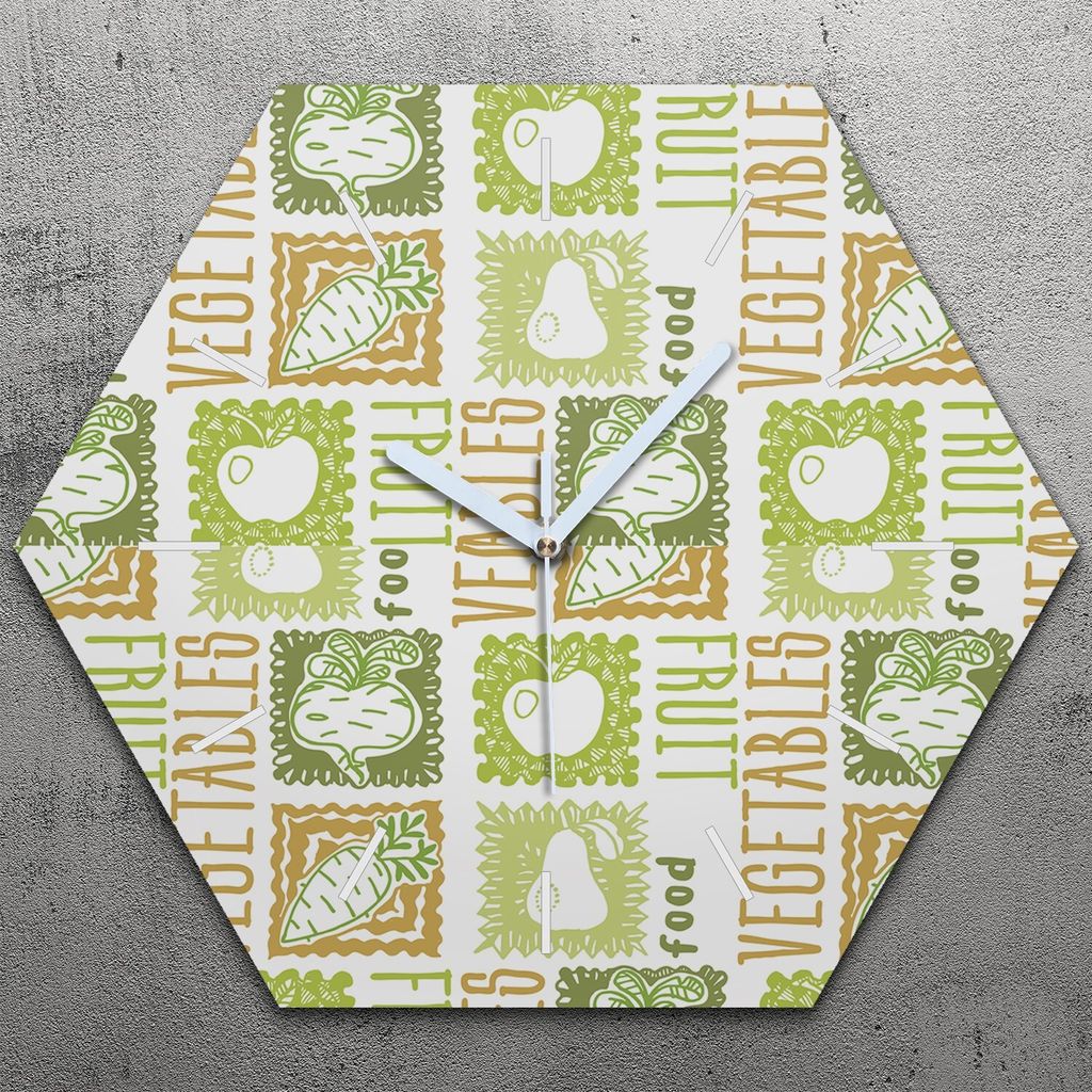 Uhr hexagonal 40 cm Glas Geräuschlos weiße Zeiger - Obst und Gemüse
