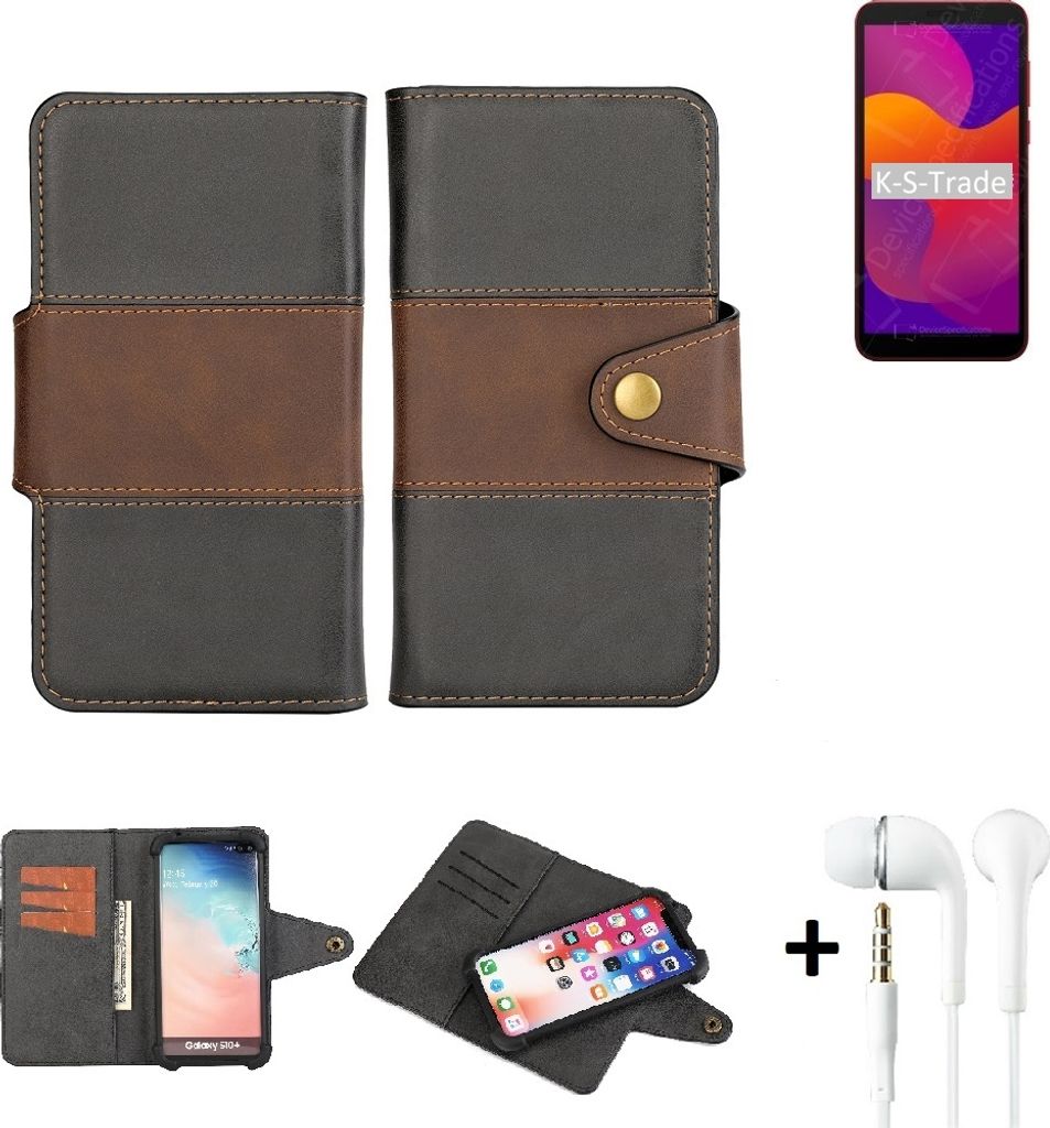 K-S-Trade Handyhülle Schutzhülle Bookstyle Wallet-Case kompatibel mit Huawei Honor 9S + earphones Bumper rundumschutz schwarz-braun 1x