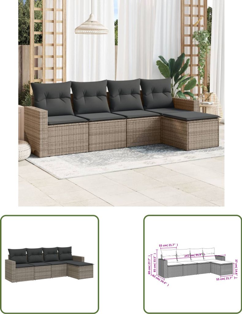 The Living Store 5-tlg. Garten-Sofagarnitur mit Kissen Grau Poly Rattan