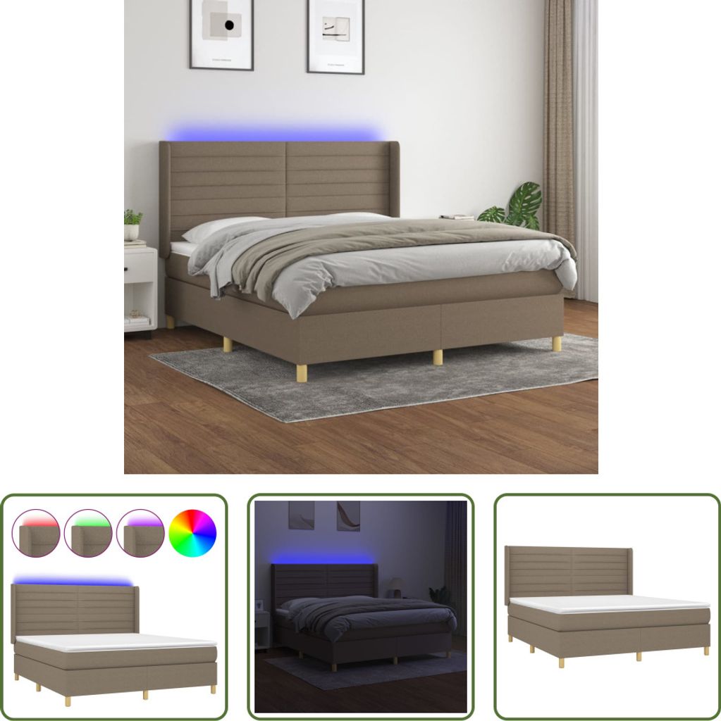 The Living Store Boxspringbett mit Matratze & LED Taupe 180x200 cm Stoff