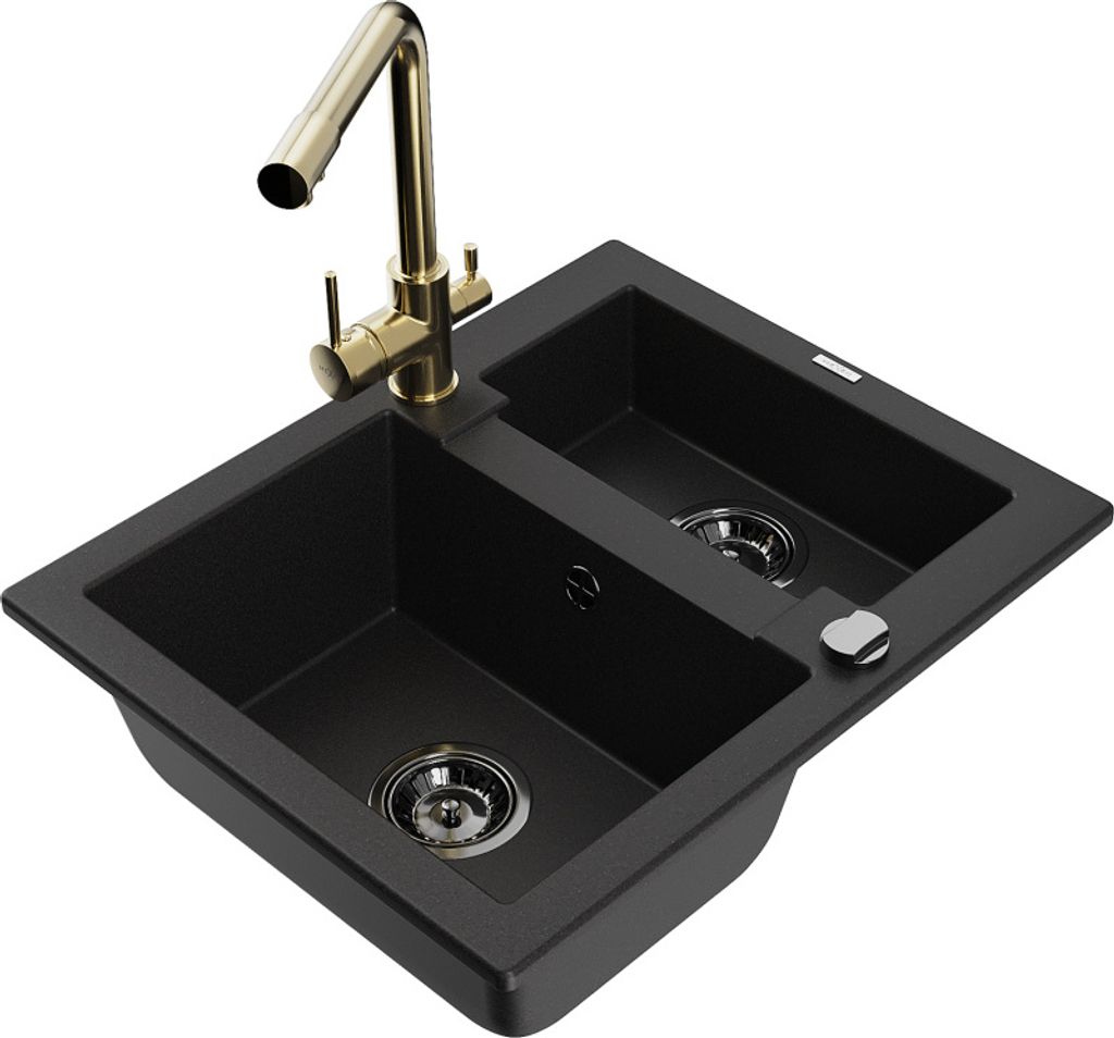 Mexen Carlos 1,5-Becken-Granitspüle mit Mischbatterie Duero, Schwarz - 6518-77-671600-50-B