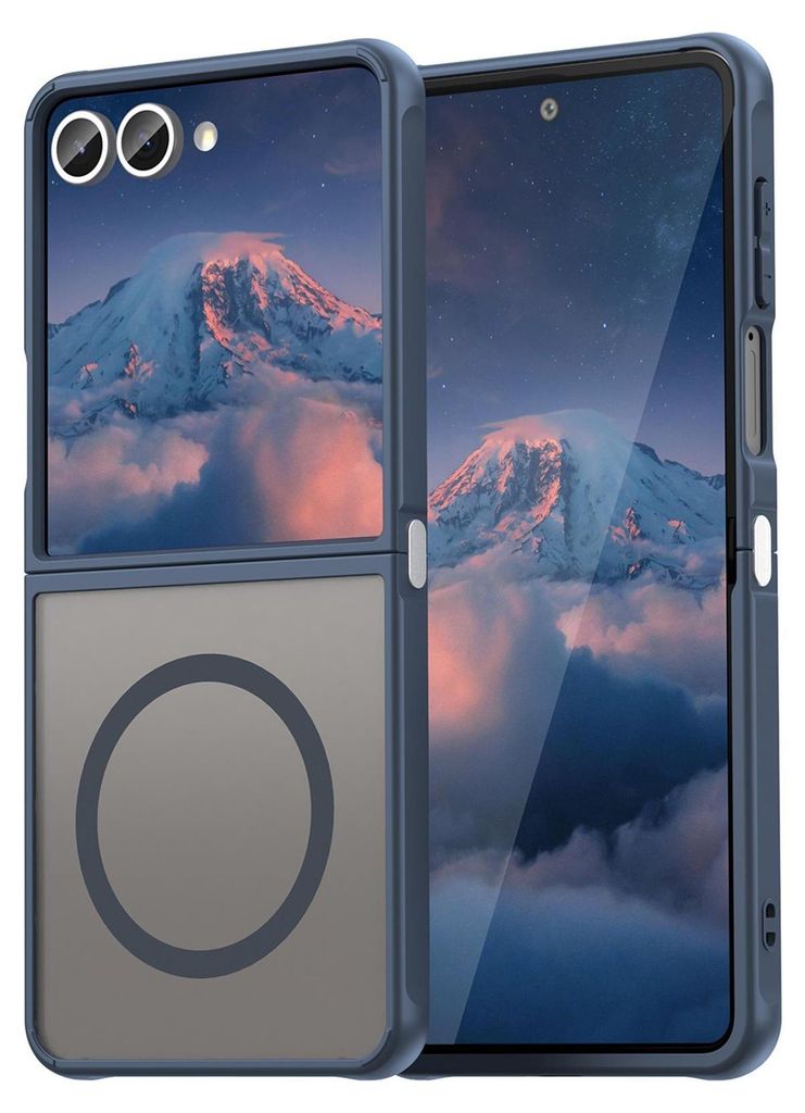 A blue flip phone case with a mountain landscape design and a magnetic ring is shown.