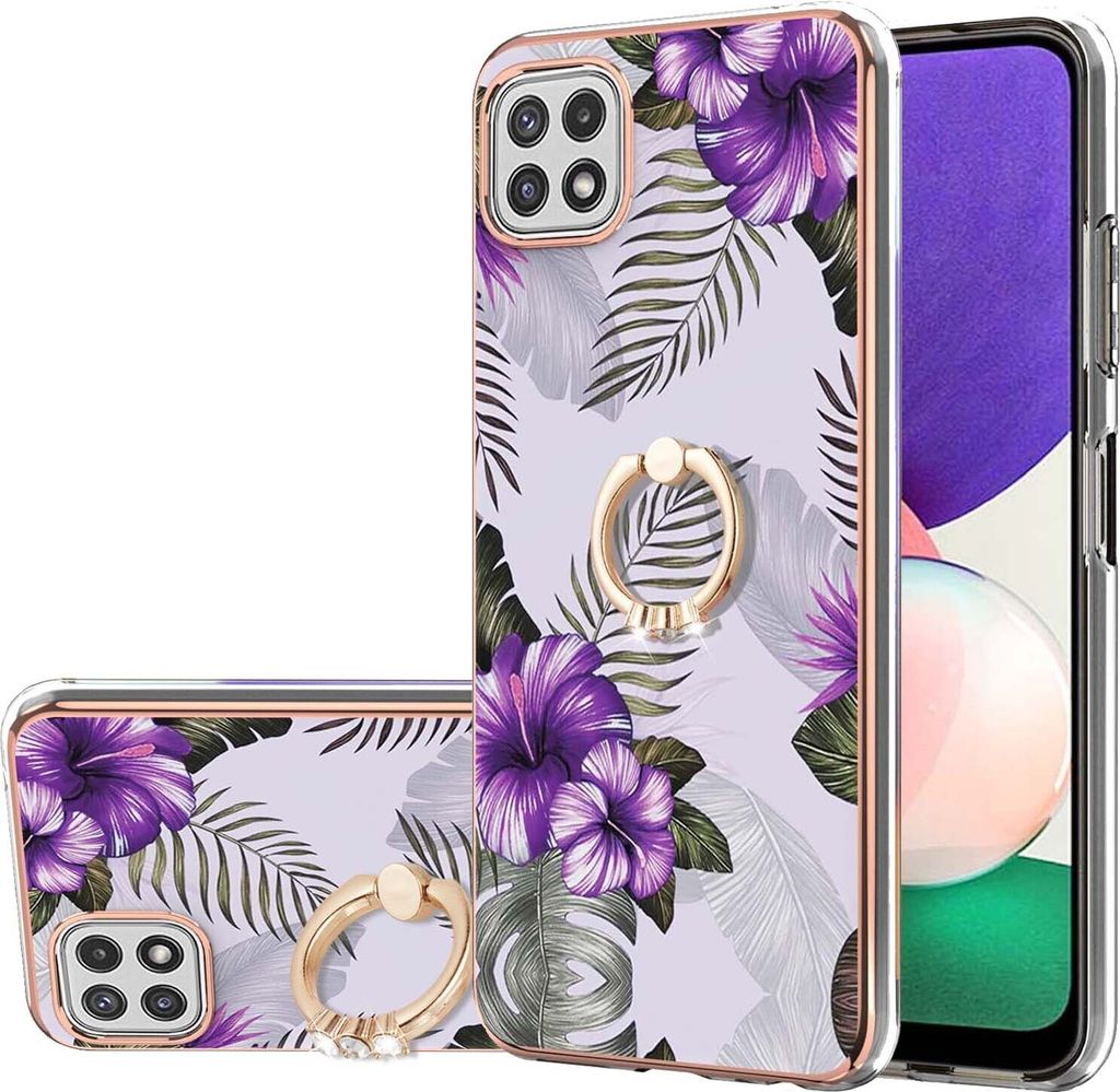 Hülle für Samsung Galaxy A22 5G Muster TPU Silikon Stoßdämpfer Bumper Schutzhülle mit Ring Ständer Lila