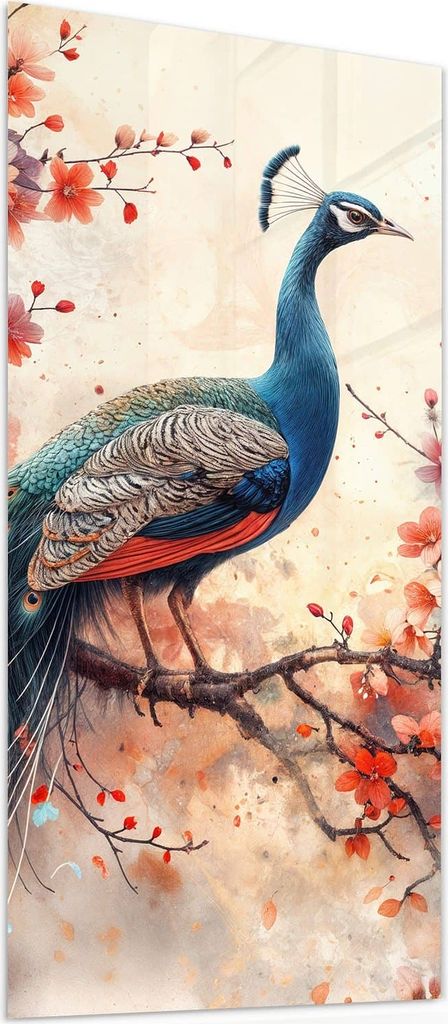 Glasbild 40x80cm in XXL für Wohnzimmer, Schlafzimmer Motiv Pfau und Blüten