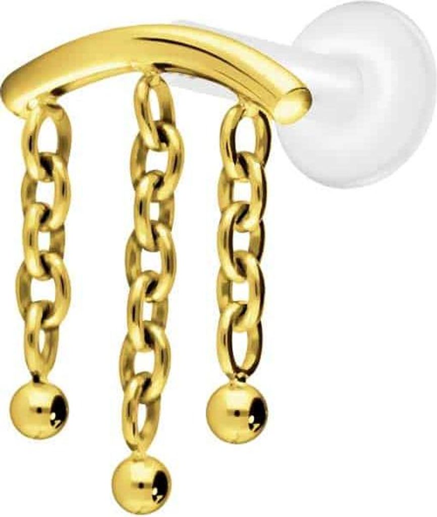 Ohrpiercing, Nasenpiercing PTFE Labret mit Innengewinde + Titan-Aufsatz BOGEN + 3 KETTEN Gold Stablänge: 8mm | Stabstärke: 1,6mm