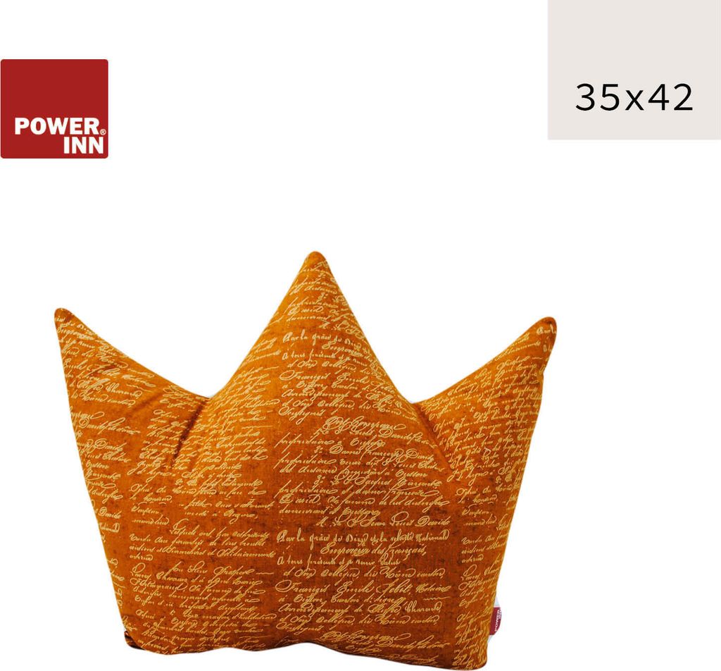 POWER INN Kronenkissen | ca. 42x35cm | Ocker mit Schrift | Dekokissen | Sofakissen | Kuschelkissen