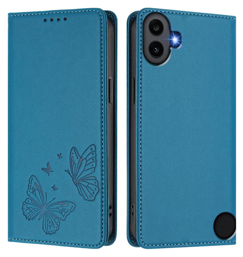 Lederhülle für Nothing CMF Phone 1, Schmetterling Prägung Leder Brieftasche Schutzhülle mit Ständer Blau