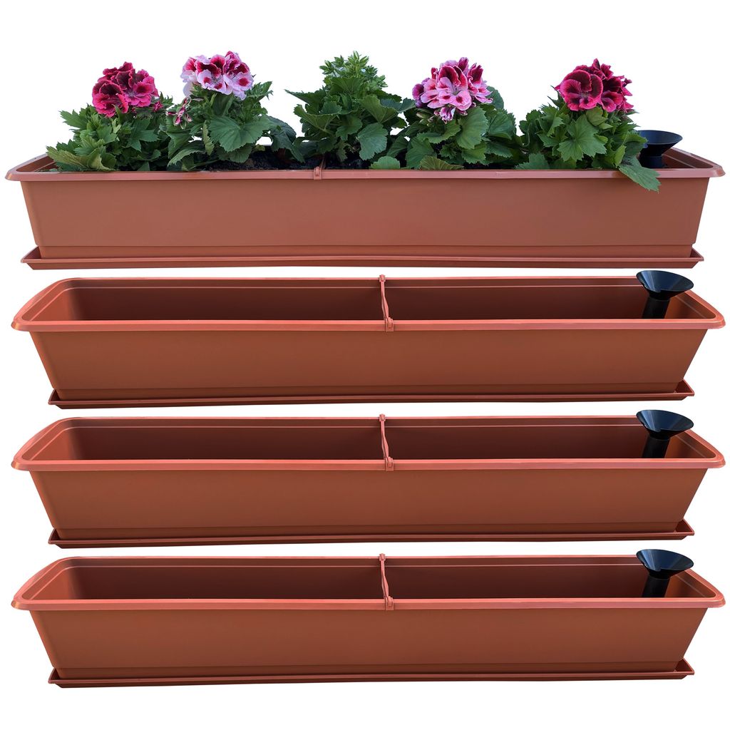 4er Blumenkasten Set Balkonkasten Pflanzkasten Terracotta mit Bewässerungssystem und Balkonkasten Untersetzer 100cm