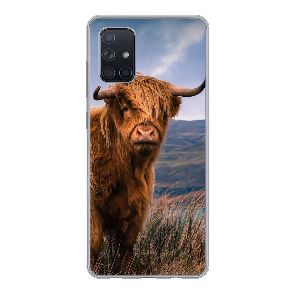 MuchoWow Handyhülle Schutzhülle Hülle für Samsung Galaxy A51 Schottischer Highlander - Berg - Wasser - Natur - Kuh Silikon Softcase Handy Hü...
