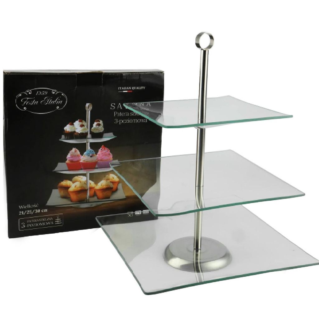 3-stöckige Glas-Etagere quadratisch – Kuchenplatte Tortenplatte Dessert Präsentation