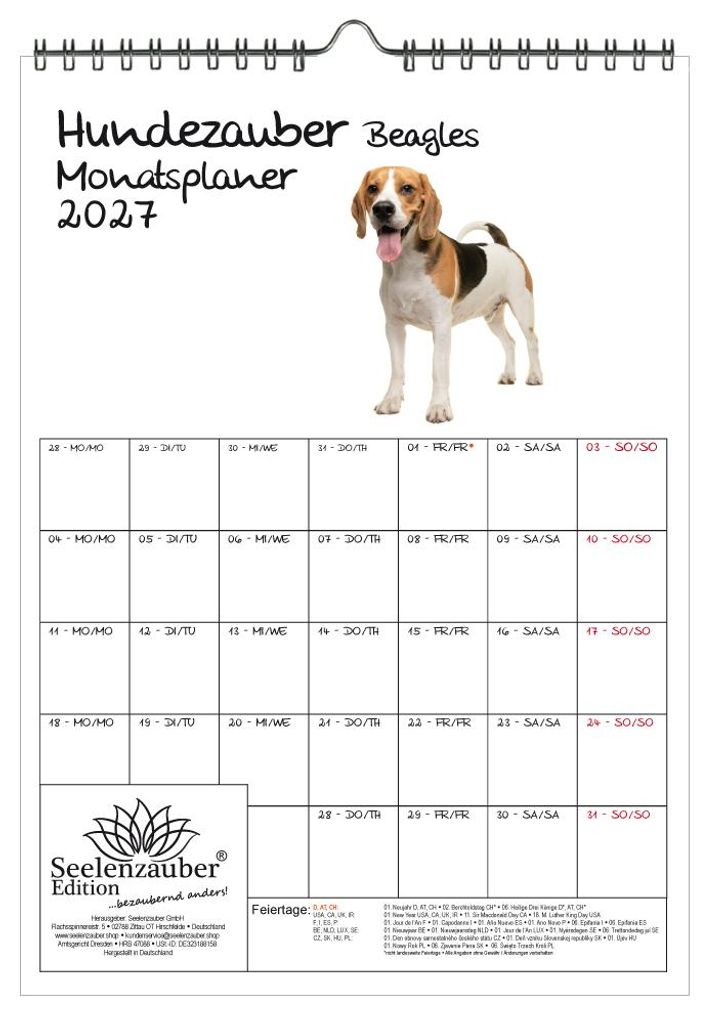 Hundezauber Beagles Planer DIN A4 Kalender für 2027 Welpen und Hunde - Seelenzauber