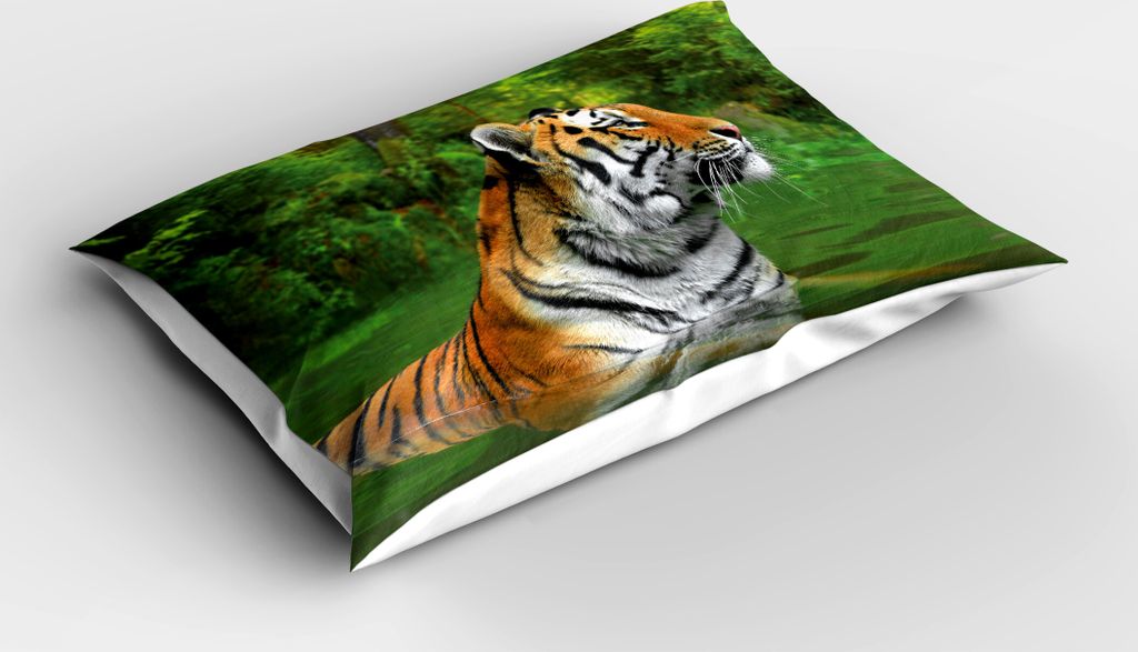 ABAKUHAUS Tiger Kopfkissenbezug, Schwarz Gestreifte Große Sibirien Katze Schwimmen im See Wald Foto, 40x80 cm, Hellbraun Farngrün