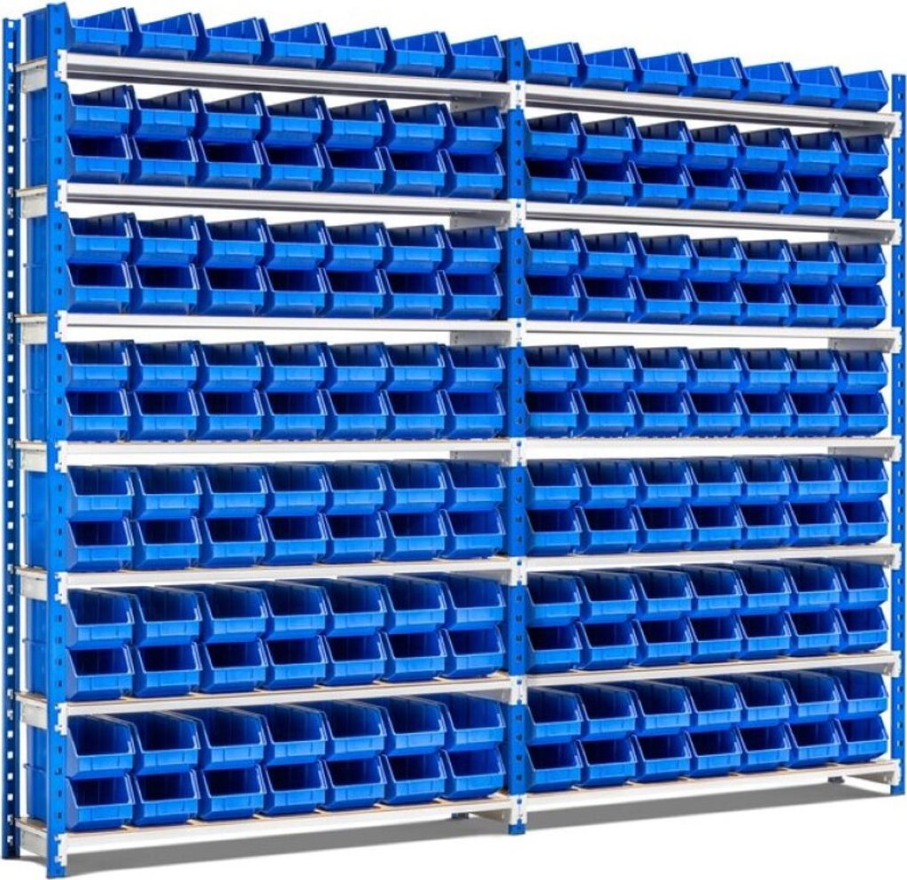 Fachbodenregal MAXIMUS mit 182x Sichtlagerboxen à 4,6L | Fachlast 114kg | Komplettregal | HxBxT 200x250x30cm | 7 Ebenen | Lichtblau/Lichtgrau