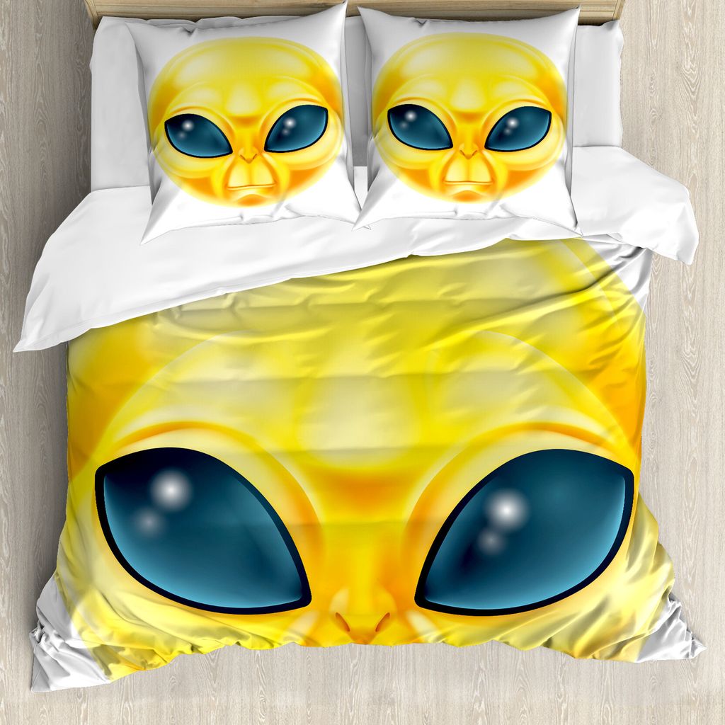 ABAKUHAUS Emoticon Bettbezug, Alien-Raum-Gelb Gesicht UFO, Milbensicher Allergiker geeignet mit Kissenbezügen, 155 cm x 220 cm - 80 x 80 cm, Gelb ...