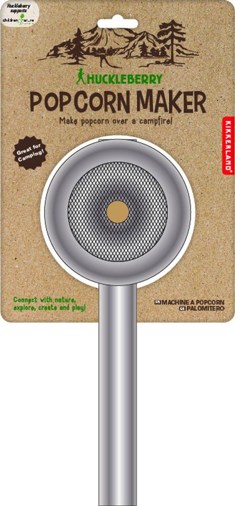 The image shows the packaging for a Huckleberry Popcorn Maker, designed for making popcorn over a campfire.