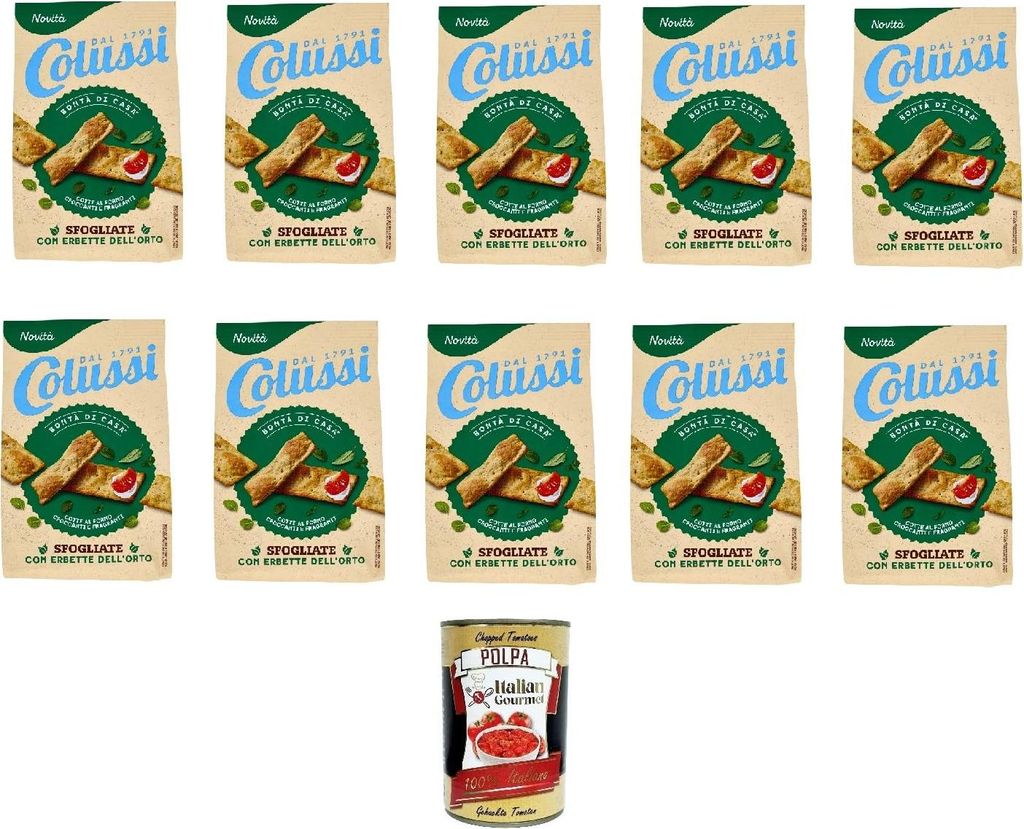 Colussi Sfogliate con Erbette dell'Orto 170gr, Blätterteigcracker mit aromatischen Kräutern 10x 170gr + Italian Gourmet polpa 400gr