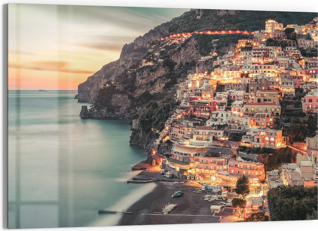 DEQORI Glasbild Echtglas 90x60 cm 'Amalfi Abendglanz' Wandbild Bild modern Deko