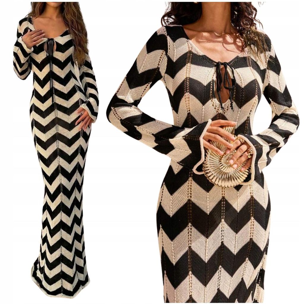 Maxikleid Damen Boho - Sommerkleid - Strandkleid Häkelkleid - Langarm - Schwarz Creme