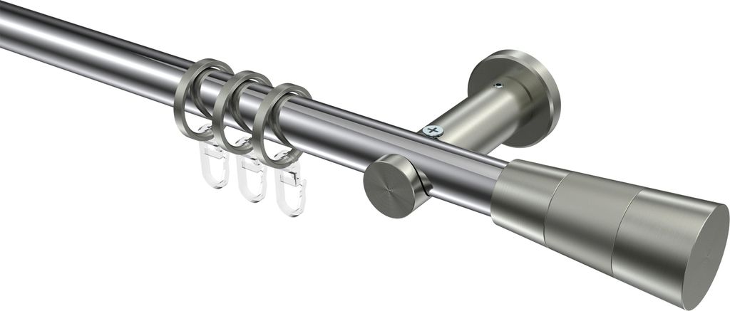 Interdeco Gardinenstange / Vorhangstange Chrom / Edelstahl-Optik, Typ Platon Tanara (Konus), 20 mm Ø 1-läufig, 400 cm