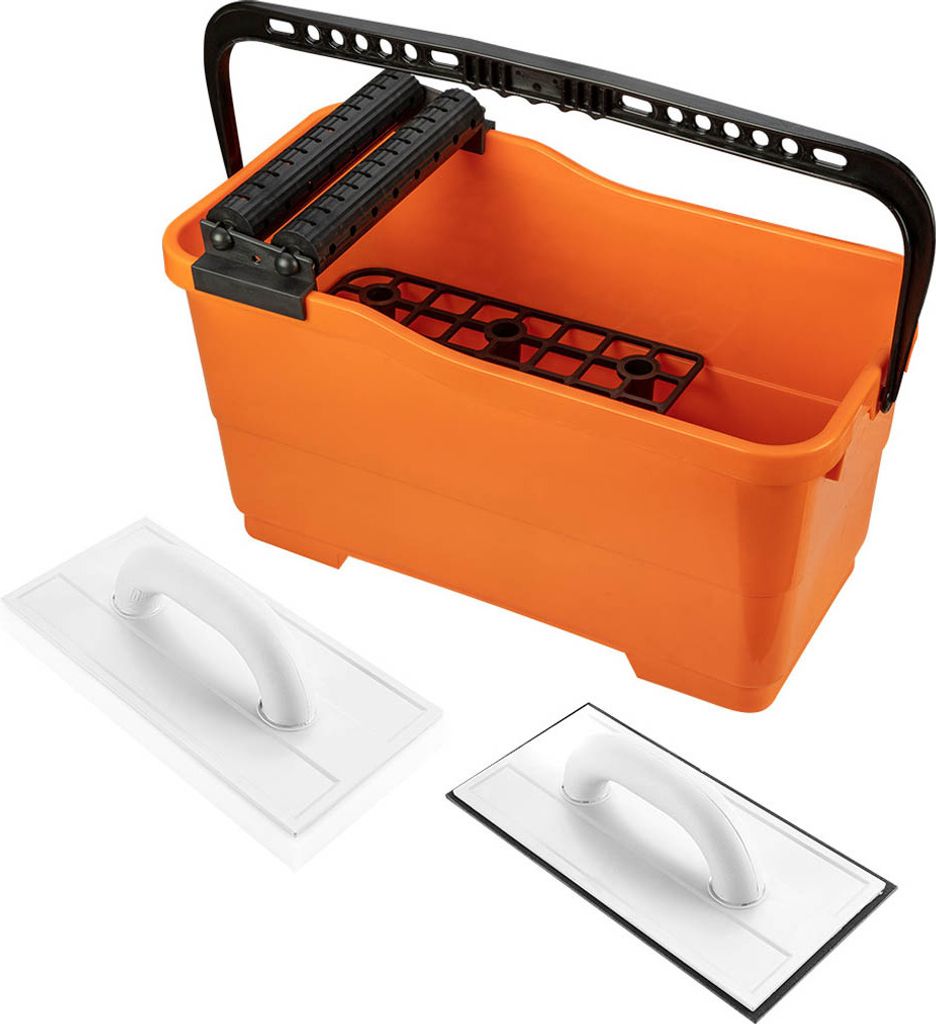 NEO TOOLS Fliesenwaschset: 25 L Behälter mit Gitter, Schwammbrett, Reibebrett