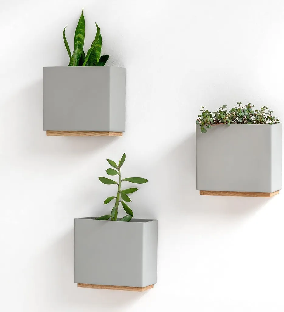 Vases muraux modernes - Set de 3 cache-pots suspendus en résine gris
