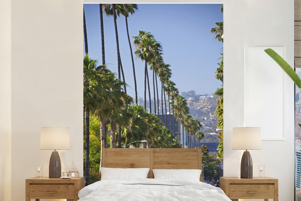 MuchoWow Fototapete für Wohnzimmer oder Schlafzimmer Wandtapete Vinyl Motivtapete Palmen am Straßenrand in Beverly Hills, Nordamerika - 195x300...