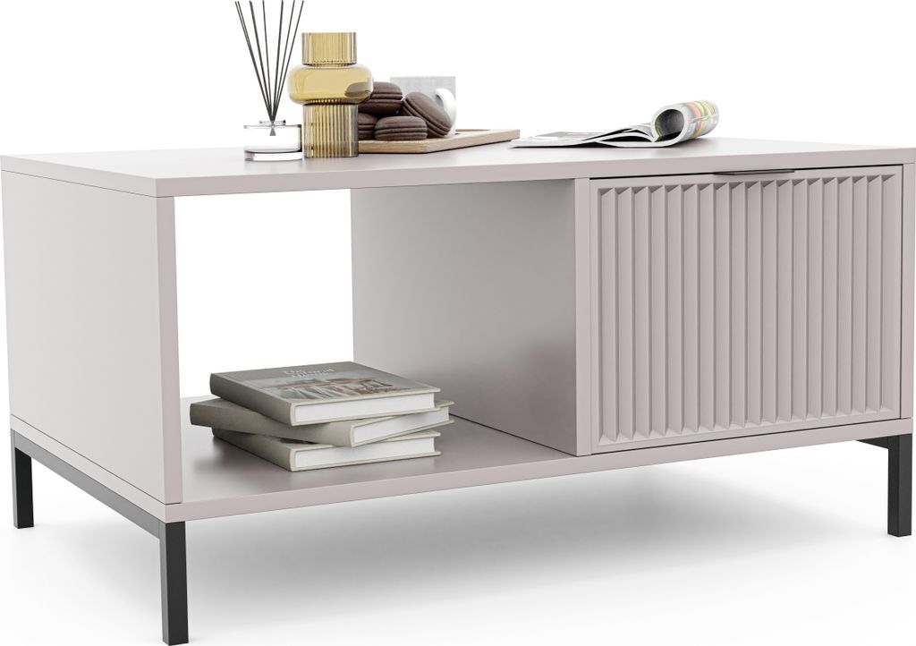 IDOHOME Couchtisch Wave Wohnzimmertisch Beistelltisch Modern mit Schublade und Ablage Couchtisch mit Stahlgestell Sofatisch Teetisch Cashmere