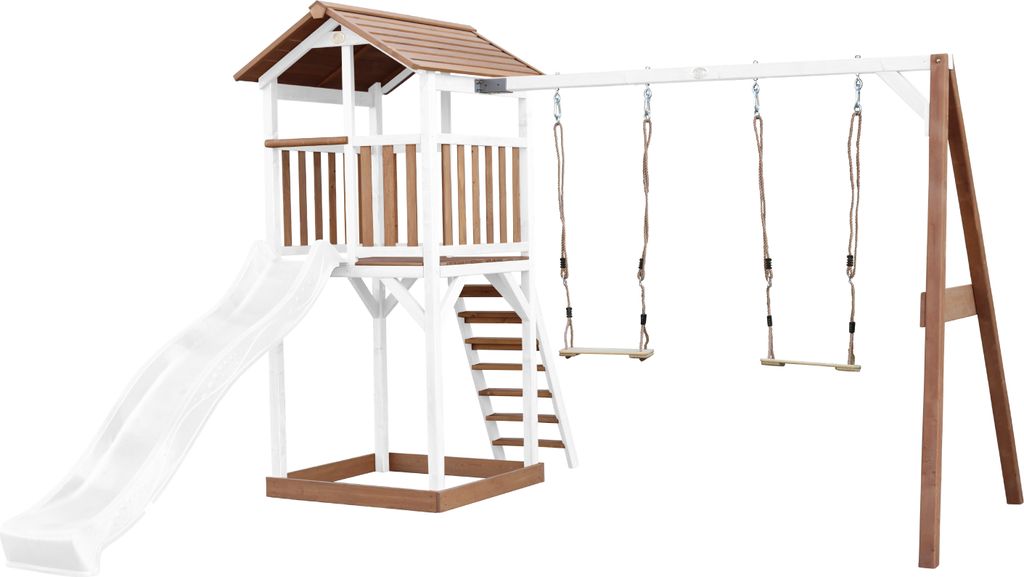 AXI Beach Tower Spielturm aus Holz in Braun & Weiß | Spielhaus für Kinder mit weißer Rutsche, Doppelschaukel und Sandkasten | Stelzenhaus für d...