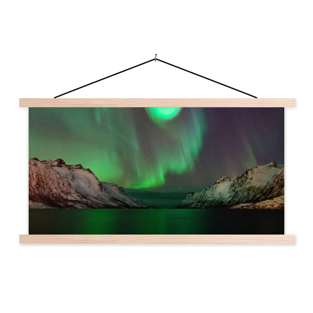MuchoWow Textilposter Nordlichter - Berge - Norwegen 150x75 cm mit holzfarbenen Rahmen - Plakate
