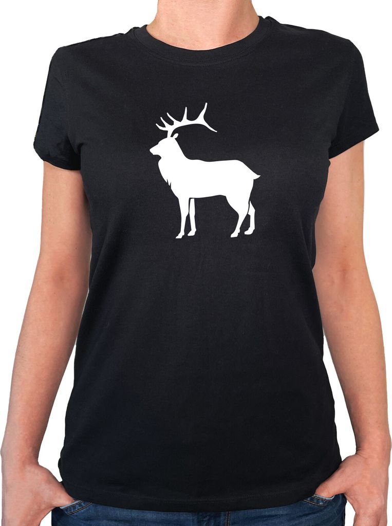 Huuraa Damen T-Shirt Hirsch Silhouette XS Black Bio Baumwolle Fairtrade Damenshirt Geschenkidee