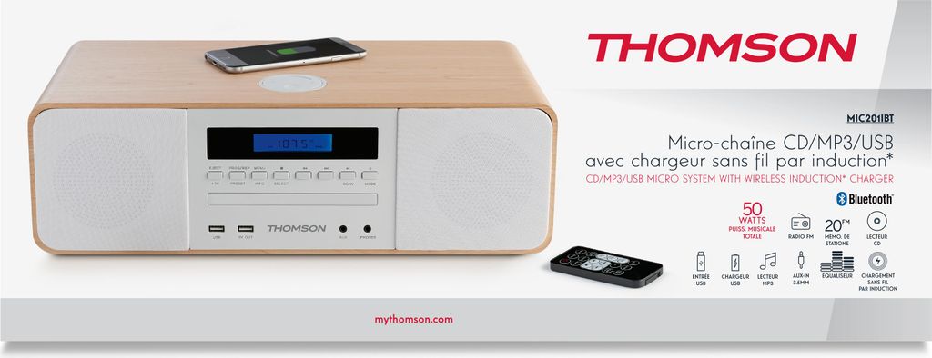 A Thomson micro-system with a smartphone charging on top, presented on a white surface with marketing text and icons.