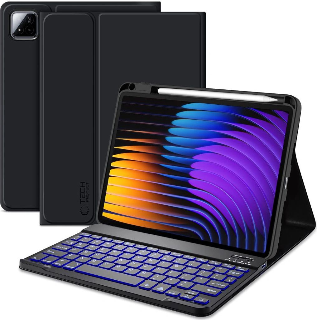 A black tablet case with a keyboard and a stylus attached to a tablet with a colorful screen.