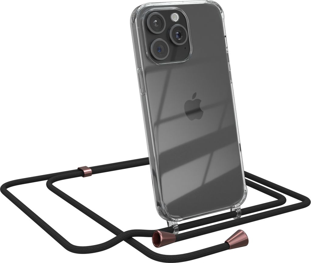 EAZY CASE Handykette kompatibel mit Apple iPhone 15 Pro Max, Handyhülle mit Umhängeband, Handykordel, Schutzhülle Clear, Band in Schwarz