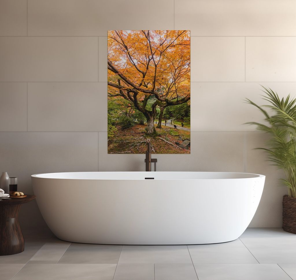 Wallario wasserfestes Poster selbstklebend 91,50 x 61 cm, Gelber Ahornbaum im Herbst in Japan, Badezimmerposter Spritzschutz mit Hochglanzoberfläc...