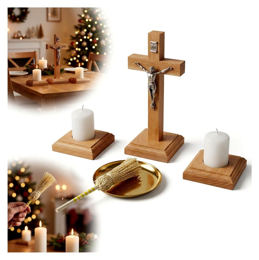 Steckerset Buche 7-teilig Holz Kreuz Kerzen Weihnachtslied gold