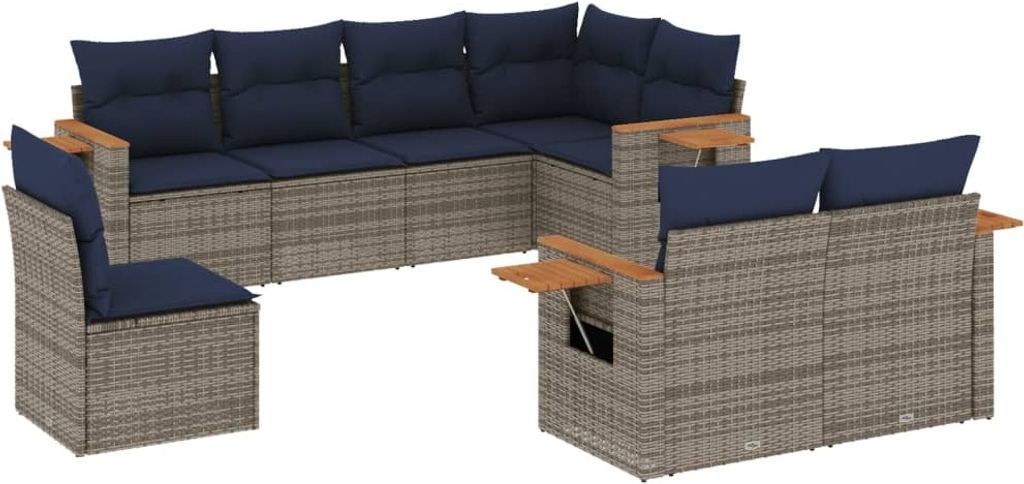8-tlg. Garten-Sofagarnitur mit Kissen Grau Poly Rattan