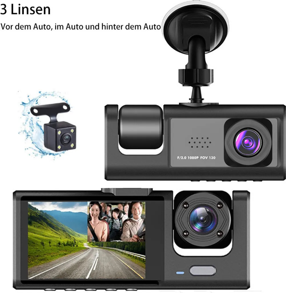 Dashcam Full HD Vision Nocturne avec Écran 2 Pouces et Triple Enregistrement