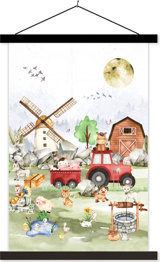 MuchoWow Textilposter Bauernhof - Traktor - Kinder - Tiere 60x90 cm mit schwarzem Rahmen - Poster Wohnzimmer