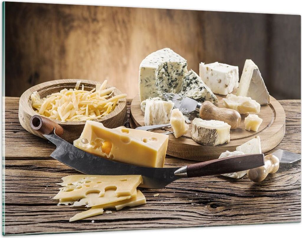 Bilder auf glas - Käse Schreibtisch Essen Essen - 120x80cm - Glasbilder - Wandbilder - Kunstdruck - zum Aufhängen bereit - Wanddekoration aus Gla...