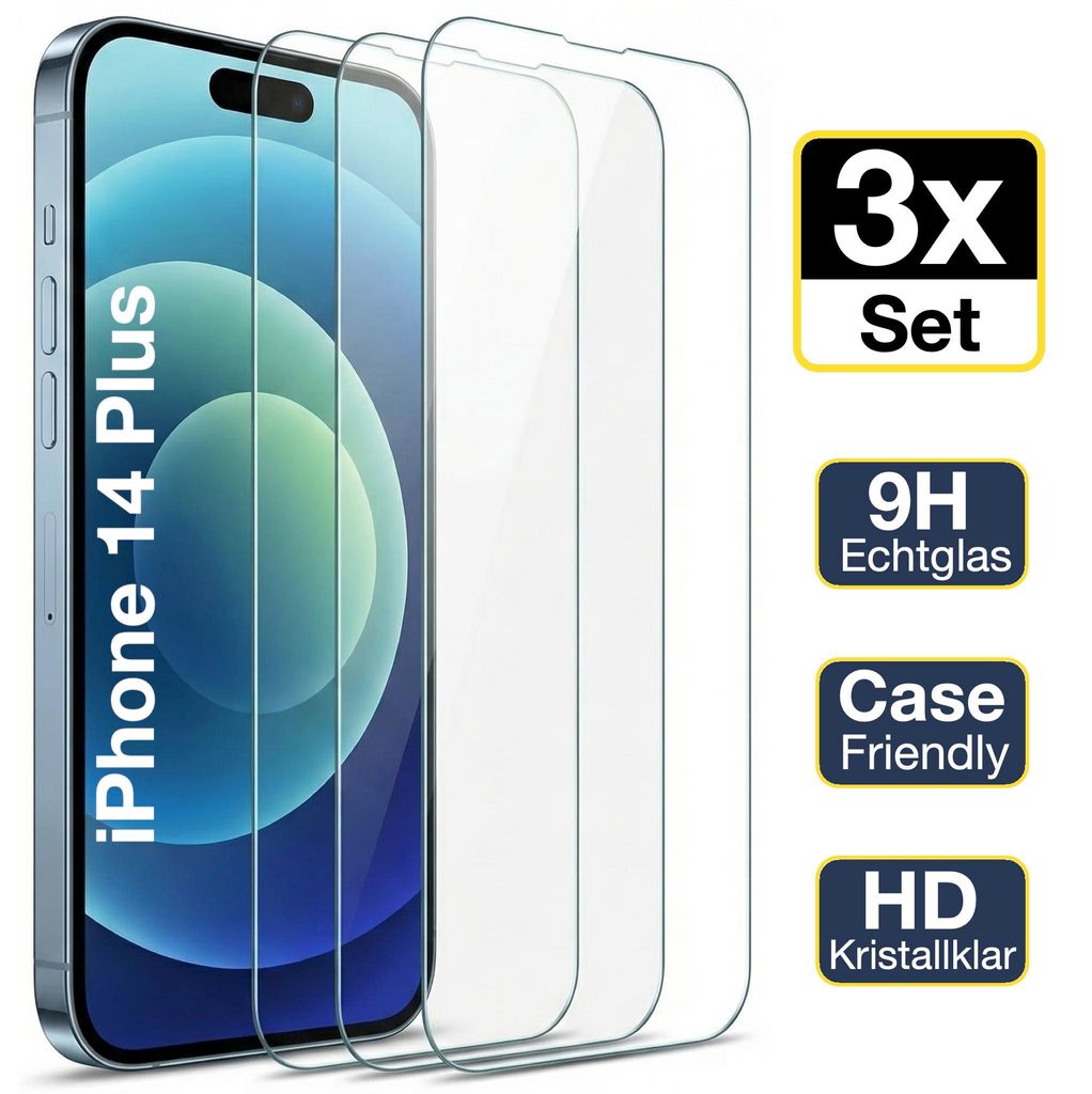 3x iPhone 14 Plus Panzerglas Panzerfolie Displayschutz Schutzglas Echt Glas Schutzfolie Display Folie 9H